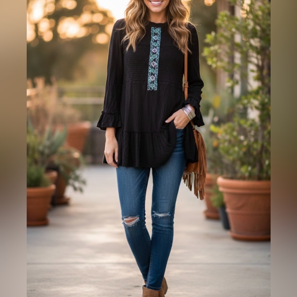 Free People Black Tunic with Blue Embroidery Sz M